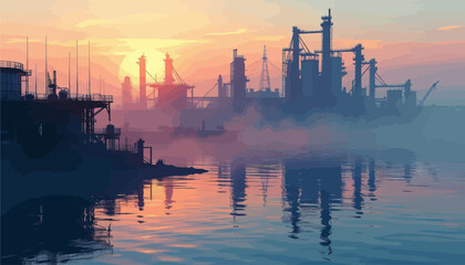 Naklejka premium Industrial Sunset: Reflections of a Chemical Plant