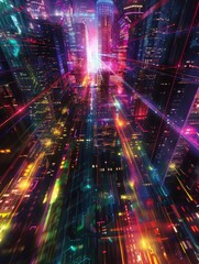 Obraz premium A dramatic and clear photo of a futuristic digital cityscape, featuring vibrant neon lights and dynamic data streams.