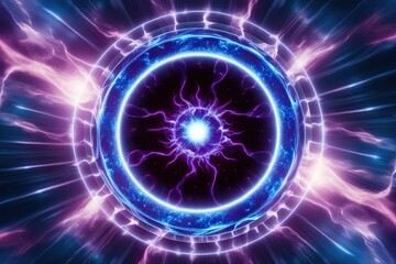 Fototapeta premium Vibrant Indigo Plasma Hologram Surrounded by Energetic Circular Pattern on Dynamic Layered Background