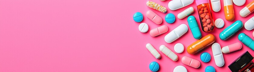 Colorful assortment of pills and capsules on a vibrant pink background for health and wellness concepts.