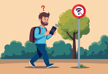 Man with beard and backpack, checking phone, near 'no wifi' sign