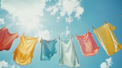 Colorful clothes hanging to dry on a laundry line with a sunny blue sky background, perfect for household chores or laundry day concepts Generative AI
