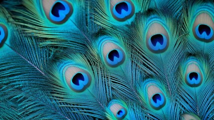 Vibrant Closeup of Peacock Feathers on Turquoise Background for Textures and Patterns Generative AI