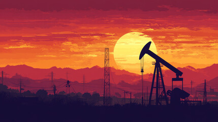 An oil derrick, or pump jack, set against a sunset landscape. The vector silhouette illustrates petroleum production.
