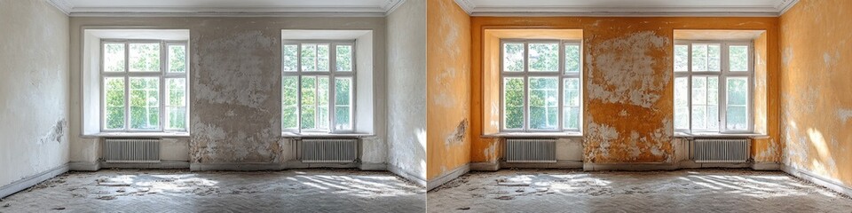 Fototapeta premium Apartment Transformation: Before and After Renovation Showcase. Modern Interior Design Concept for Real Estate Marketing. Stunning Home Makeover Highlighting Renovation Expertise and Property Value En