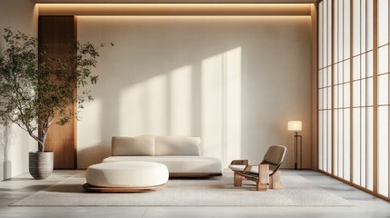 Minimalist, japandi interior design of modern living room with accent armchair