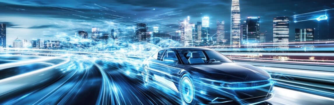 A smart electric vehicle glides along a futuristic, technology-enhanced highway