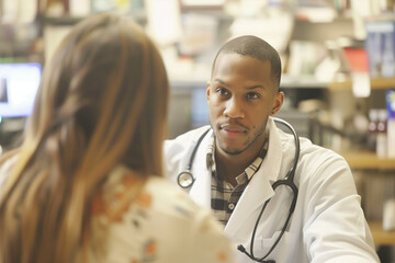 Fototapeta premium Male doctor wearing white coat and stethoscope consulting with female patient in busy medical office setting, both involved in conversation