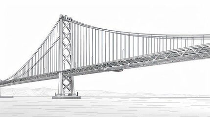 Black and white line drawing of a suspension bridge.