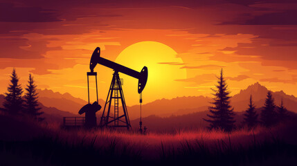 Naklejka premium An oil derrick, or pump jack, set against a sunset landscape. The vector silhouette illustrates petroleum production.