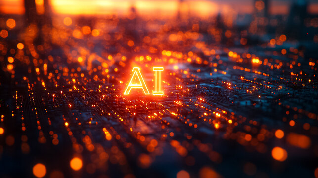 A glowing cityscape with the word AI in neon letters - Powered by Adobe