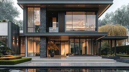 Fototapeta premium Modern Chinese style villa entrance design, dark gray and white color scheme combined with wood grain material wall panels. The front view, black metal fence, reflection pool. Generative AI.