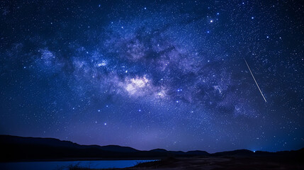 Fototapeta premium Stunning Night Sky with Milky Way and Shooting Star over Silhouetted Mountains