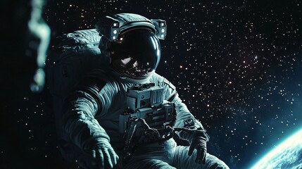 Naklejka premium A solitary space traveler drifts peacefully, admiring a distant planet through a spacecraft's portal surrounded by shimmering stars.