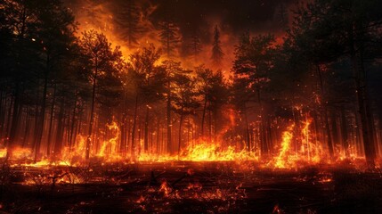 A dramatic and clear photo of a raging forest fire under a midnight sky, with intense flames illuminating the trees. 