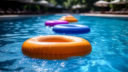 A pool with a few orange and blue inflatable rings floating on the water