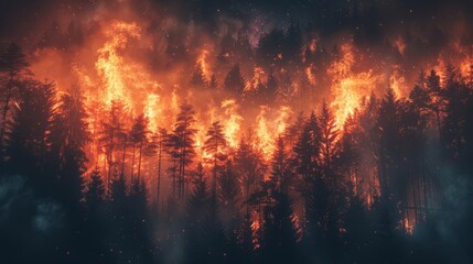 A dramatic and clear photo of a raging forest fire under a midnight sky, with intense flames illuminating the trees. 