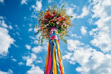 Traditional Bavarian maypole with colorful ribbons against blue sky