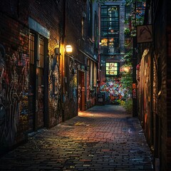 A slender, stone-paved path glows softly under streetlights, bordered by weathered brick walls splashed with colorful murals.