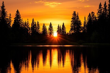 Fototapeta premium A peaceful sunset bathes a still lake in warm orange tones, framed by the dark outlines of towering evergreens, offering a soothing retreat.
