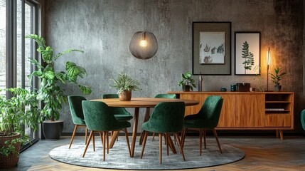 Round wooden dining table and green chairs against long sideboard and concrete wall
