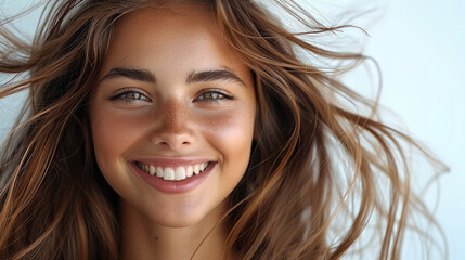 Fototapeta premium Beautiful smiling woman with long hair flying in the wind on white background. Generative AI.