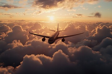 A streamlined aircraft glides gracefully through the colorful twilight, its silhouette contrasting beautifully with the luminous clouds.