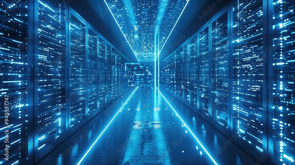 Poster High-performance computing, Data center analysis, Big data analysis, Cloud computing infrastructure, Data flow management, color in blue and white tones. Generative AI.