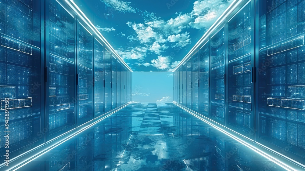 Aufkleber High-performance computing, Data center analysis, Big data analysis, Cloud computing infrastructure, Data flow management, color in blue and white tones. Generative AI.