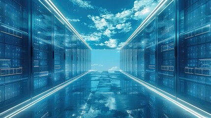 High-performance computing, Data center analysis, Big data analysis, Cloud computing infrastructure, Data flow management, color in blue and white tones. Generative AI.