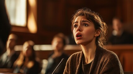 A gripping courtroom drama unfolds as a fervent accuser delivers a compelling argument amidst a backdrop of charged emotions and striking shadows.