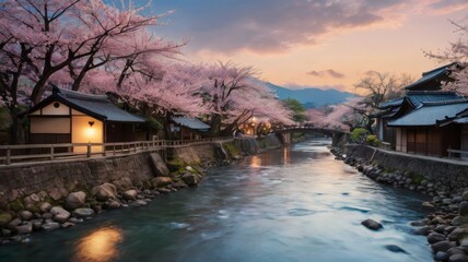 Dreamy river in Japanese village with cherry blossoms at dusk