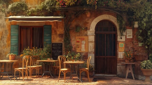 Fototapeta Charming italian restaurant with tables and chairs outside in the sunlight