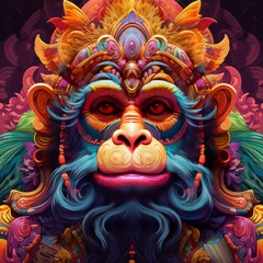Fototapeta premium Stylized digital illustration of a colorful monkey king deity wearing an ornate golden crown.