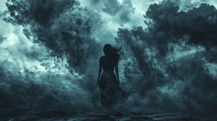 Fototapeta premium A determined young woman embodies strength as she confronts a tempestuous scene filled with swirling dark clouds.