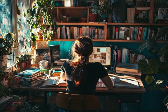 A young woman contemplates her transition to adulthood in a cozy, sunlit nook filled with books and coffee, sparking her creativity.