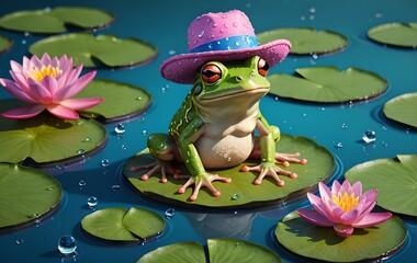 Humorous cartoons representing a frog lying on a water lily.