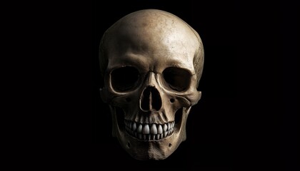 A realistic human skull displayed against a dark background, emphasizing anatomical features.