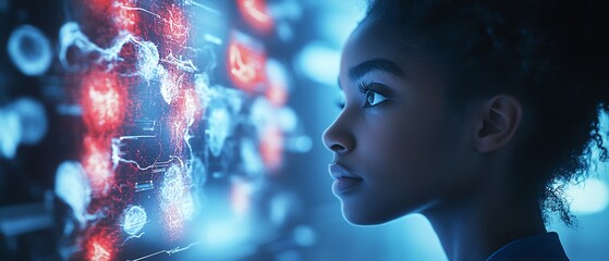 Young Black trainee doctor or nurse studying AI medical scans with a futuristic holographic artificial intelligence hologram of the human body