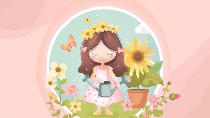 Cute Girl Watering Flowers in Garden.