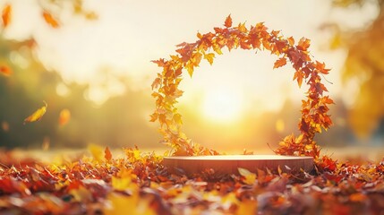 Abstract representation of a podium rising from a swirl of autumn leaves in the morning light, autumn morning podium, symbolic ascension
