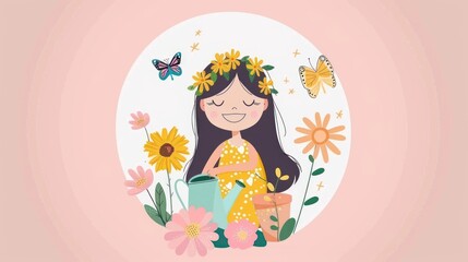 Cute girl watering flowers with a watering can.