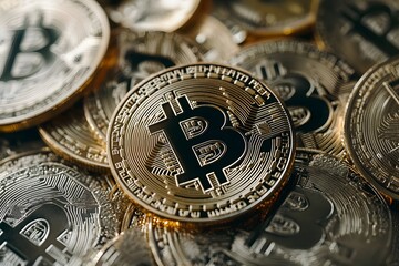 Bitcoin-M&uuml;nzen &ndash; Kryptow&auml;hrung in realistischer Darstellung