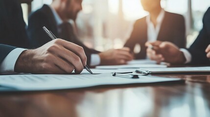 A professional business meeting in progress, focusing on hands signing documents and discussing important agreements.