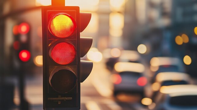 A vibrant red traffic light signals cars to stop during sunset, capturing the essence of urban life and road safety.