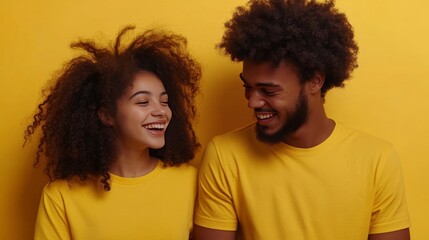 Fototapeta premium Dark-skinned woman and man smile at each other indoors.