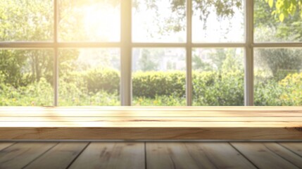 Fototapeta premium Bright and airy interior with a wooden window sill, showcasing the beauty of nature outside. Perfect for cozy home settings.