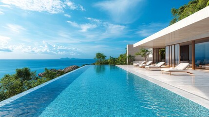 Fototapeta premium Traditional mediterranean white house with pool on hill with stunning sea view. Summer vacation background
