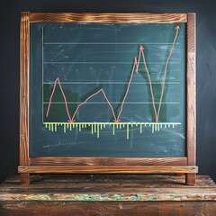 Vintage styled chalkboard with colorful graph and chart, representing an increase or growth concept, placed on a wooden table.