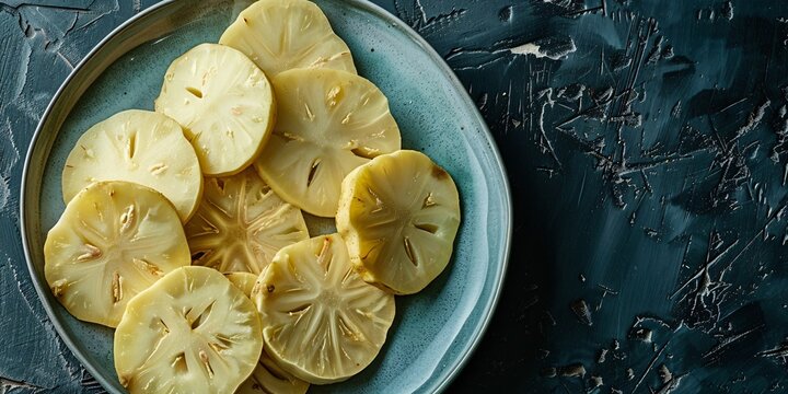 Portions of cooked breadfruit arranged on a dish against a deep backdrop.